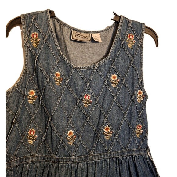 Vtg STYLE Denim Dress Sz L Sleeveless Floral Embroidered Flared Waist Tie 79552 - Picture 2 of 12